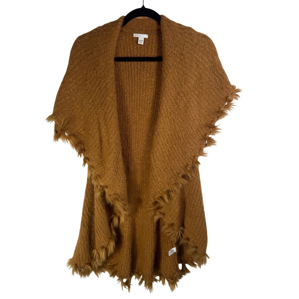 EST. 1946 Womens Plus 18/20W Camel Brown Faux Fur Trim Open Front Cardigan Vest